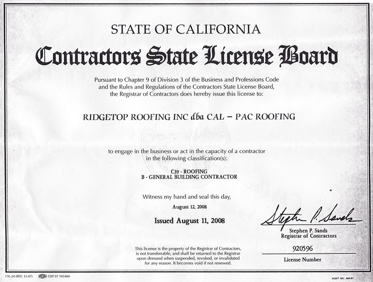 Roof Contractor License