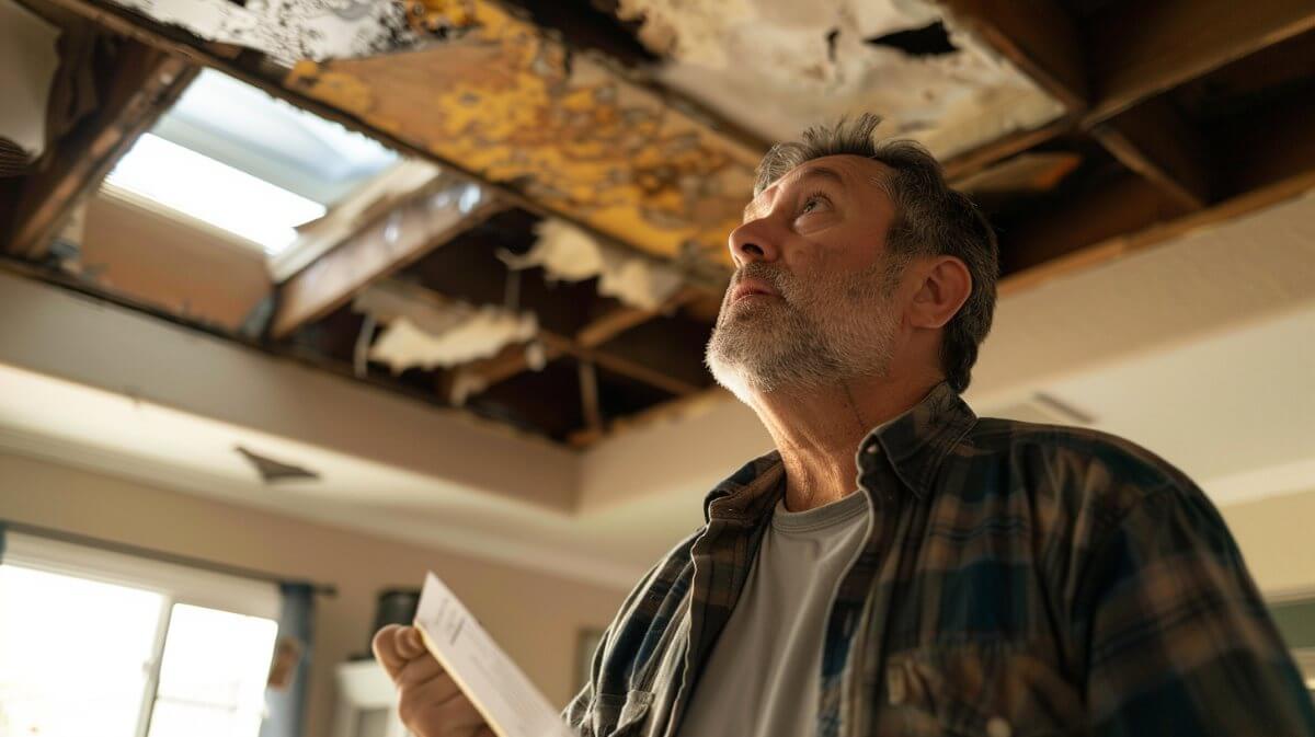 Homeowner inspects a water-damaged ceiling with exposed beams, seeking San Jose, CA roofing Contractors for repairs.