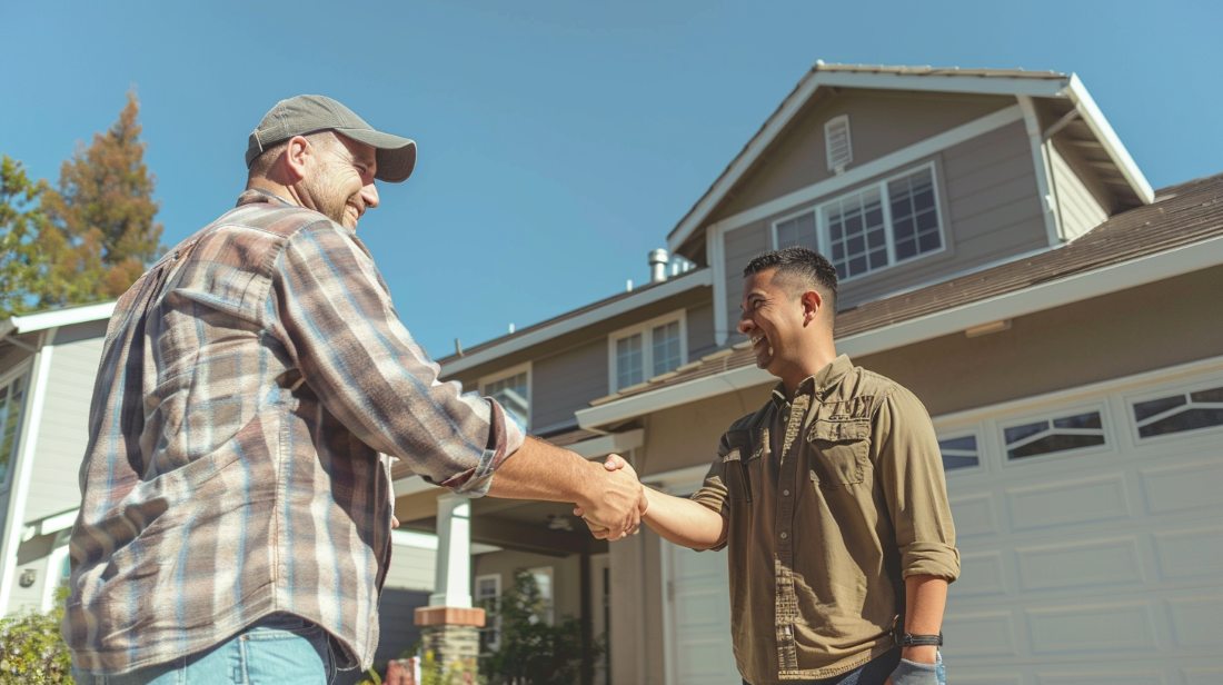 Homeowner and pro shake hands outside a beige two-story home, highlighting San Jose, CA roofing Contractors after a project.