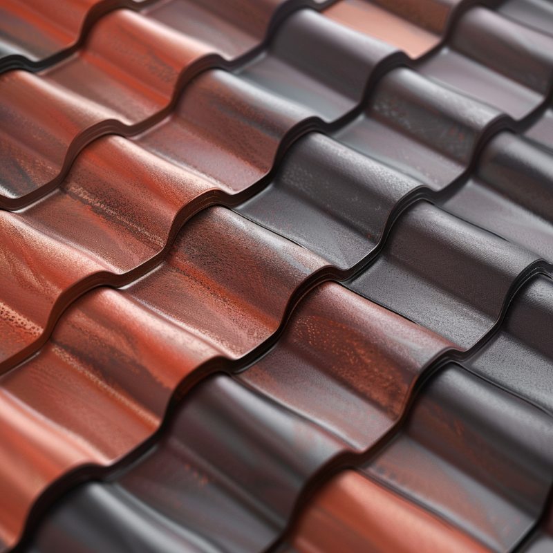 Detail of red and charcoal barrel vault tile roof with wavy S-curve panels, from San Jose, CA roofing Contractors.