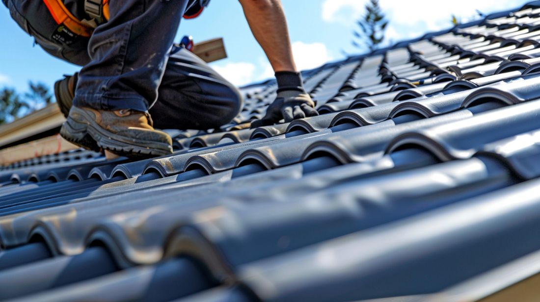 Technician kneels on dark gray metal tile roof during installation, showcasing skilled San Jose, CA roofing Contractors at work.