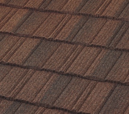 Close-up of brown stone-coated metal Pine Crest shake roofing panels installed by San Jose, CA roofing Contractors.