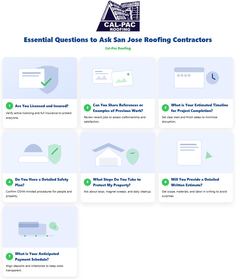 Infographic of key questions for San Jose, CA roofing contractors: licensing, references, timeline, safety, and estimates.