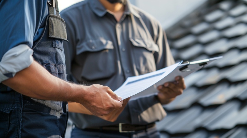 Two professionals reviewing paperwork during a roof inspection, representing a trusted San Jose, CA metal roofing contractor.