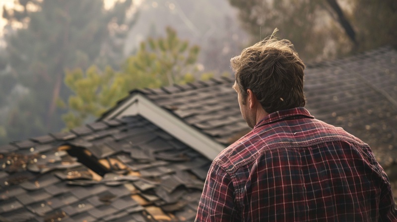 A homeowner examines severe roof damage on an older shingle roof, highlighting the need for durable San Jose, CA metal roofing.