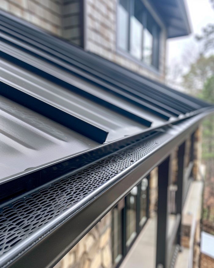 Sleek black metal roofing with protective gutter screens installed along the eaves, showcasing Santa Clara, CA gutter and screens.