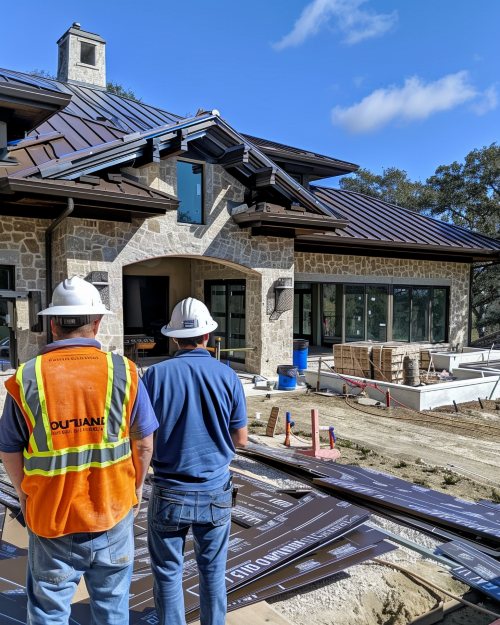Construction crew reviewing materials during a Santa Clara, CA metal roofing installation on a stone exterior home.