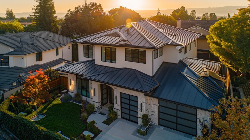 Modern two-story home at sunset featuring sleek black standing seam panels installed by Santa Clara, CA metal roofing experts.