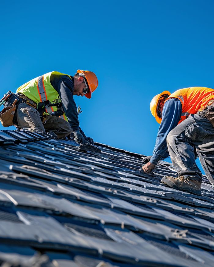Professional installers working on a dark metal roof under clear blue skies, showcasing Santa Clara, CA metal roofing expertise.
