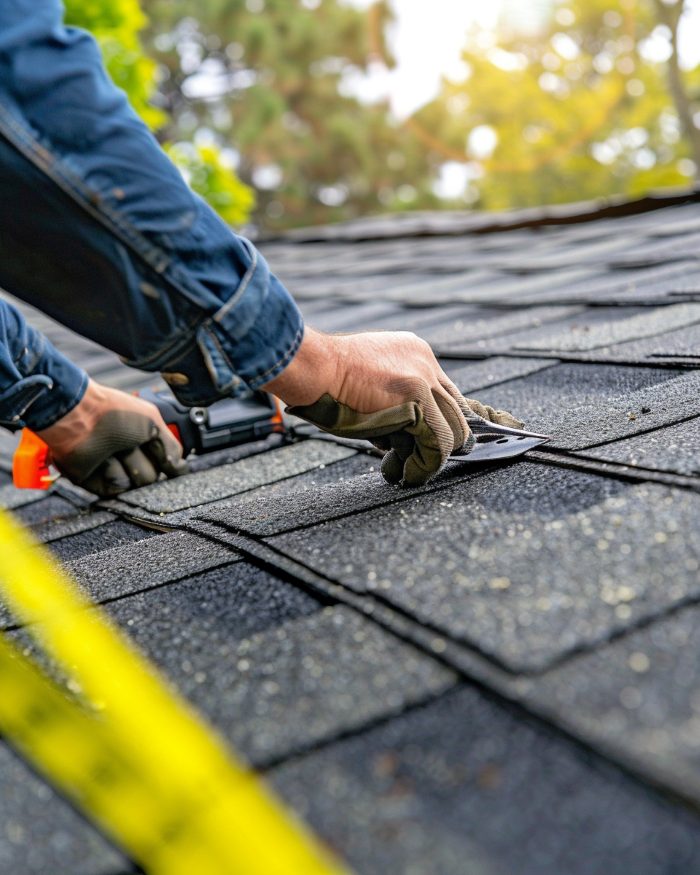 Roof technician adjusting metal shingles during a detailed Sunnyvale, CA metal roofing repair on a residential home.