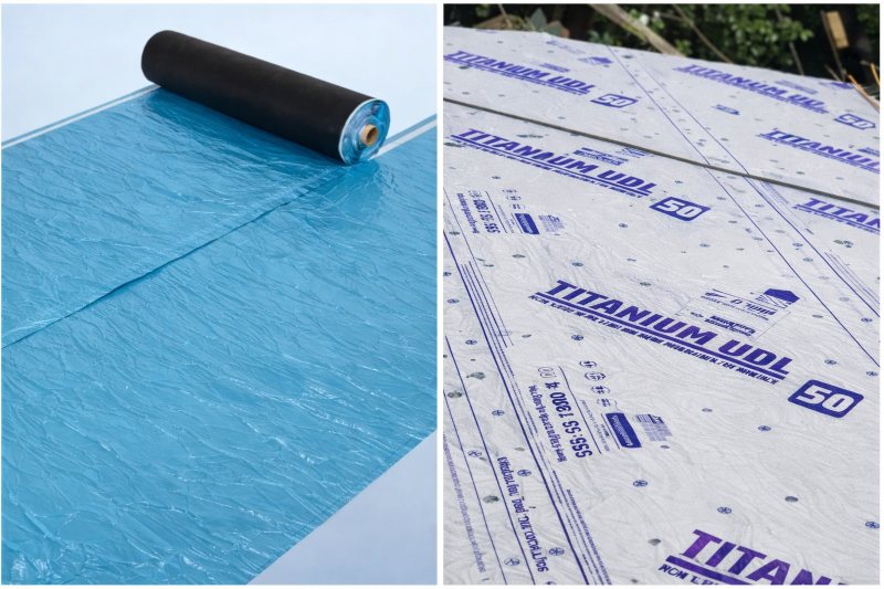 Two types of protective roofing membranes, including synthetic Titanium UDL, used for San Jose, CA roofing underlayment installations.