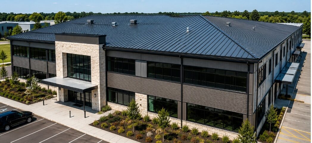 Modern commercial building with Santa Clara, CA metal roofing and sleek energy-efficient design
