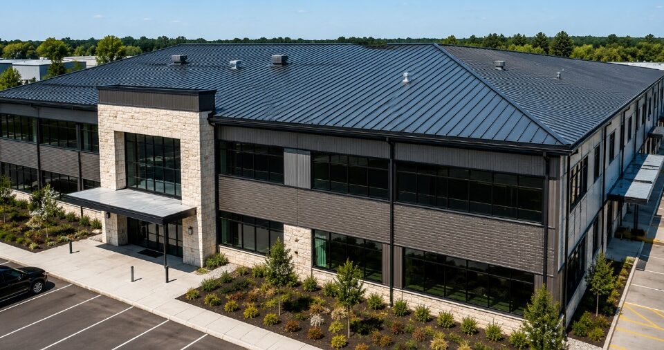 Modern commercial building with Santa Clara, CA metal roofing and sleek energy-efficient design
