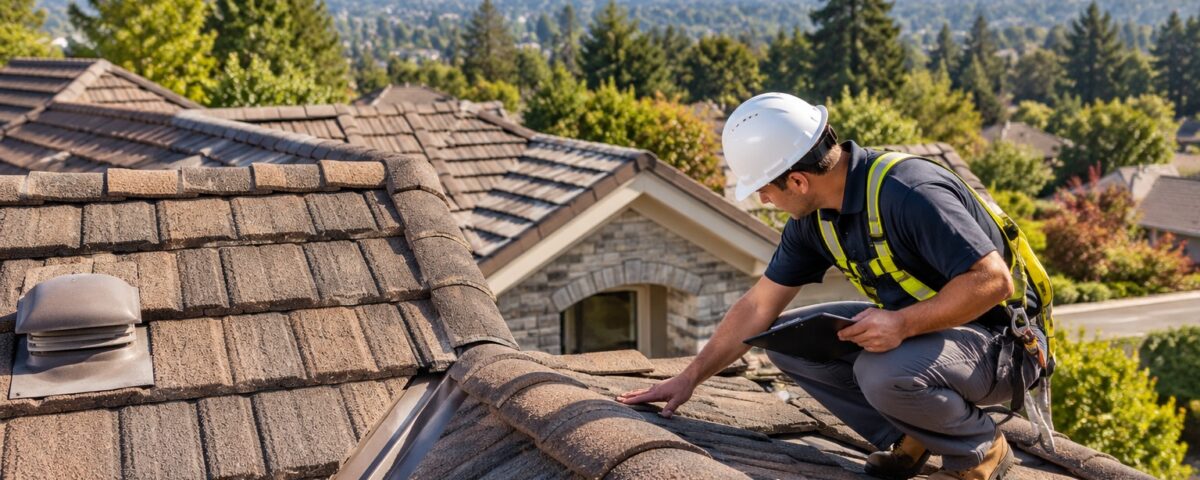 Roofing company San Jose, CA professional inspecting a residential roof