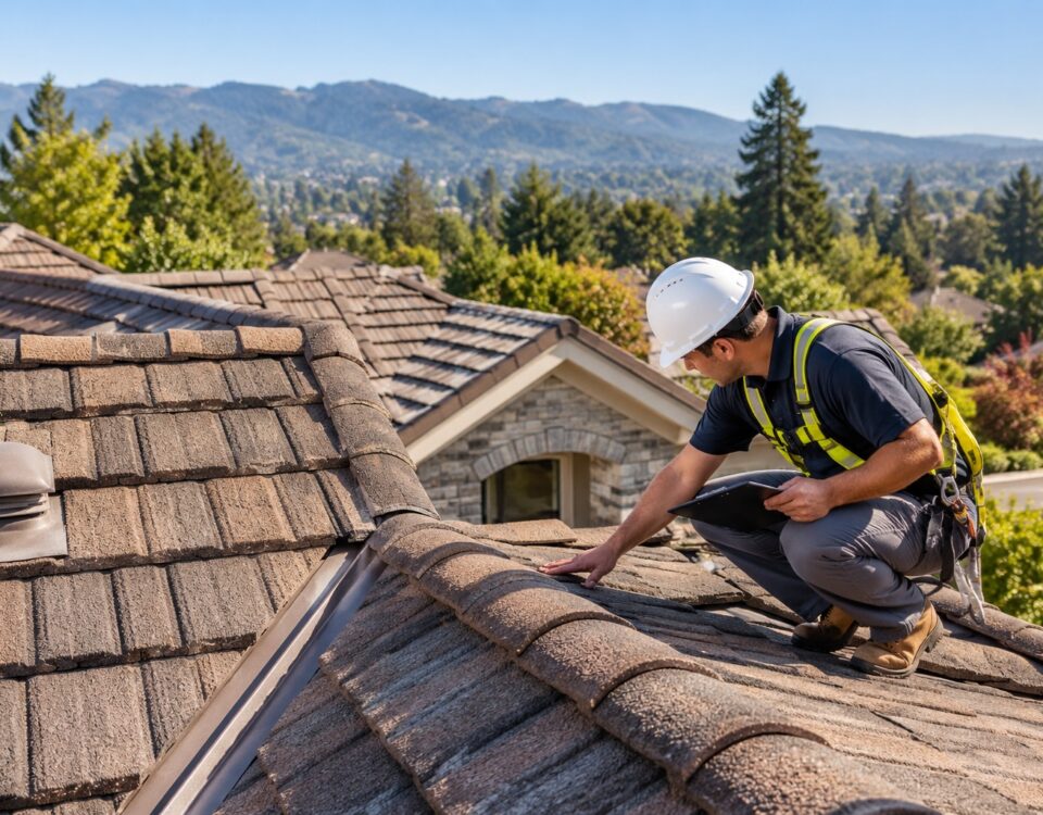 Roofing company San Jose, CA professional inspecting a residential roof